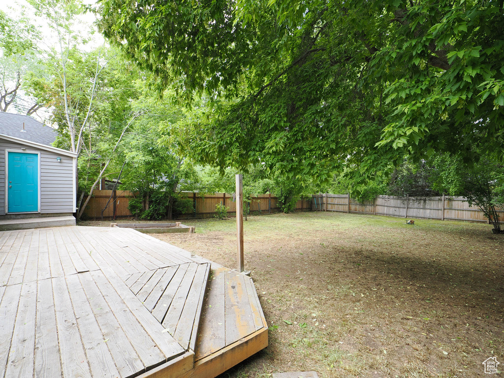 Deck featuring a fenced backyard and a lawn