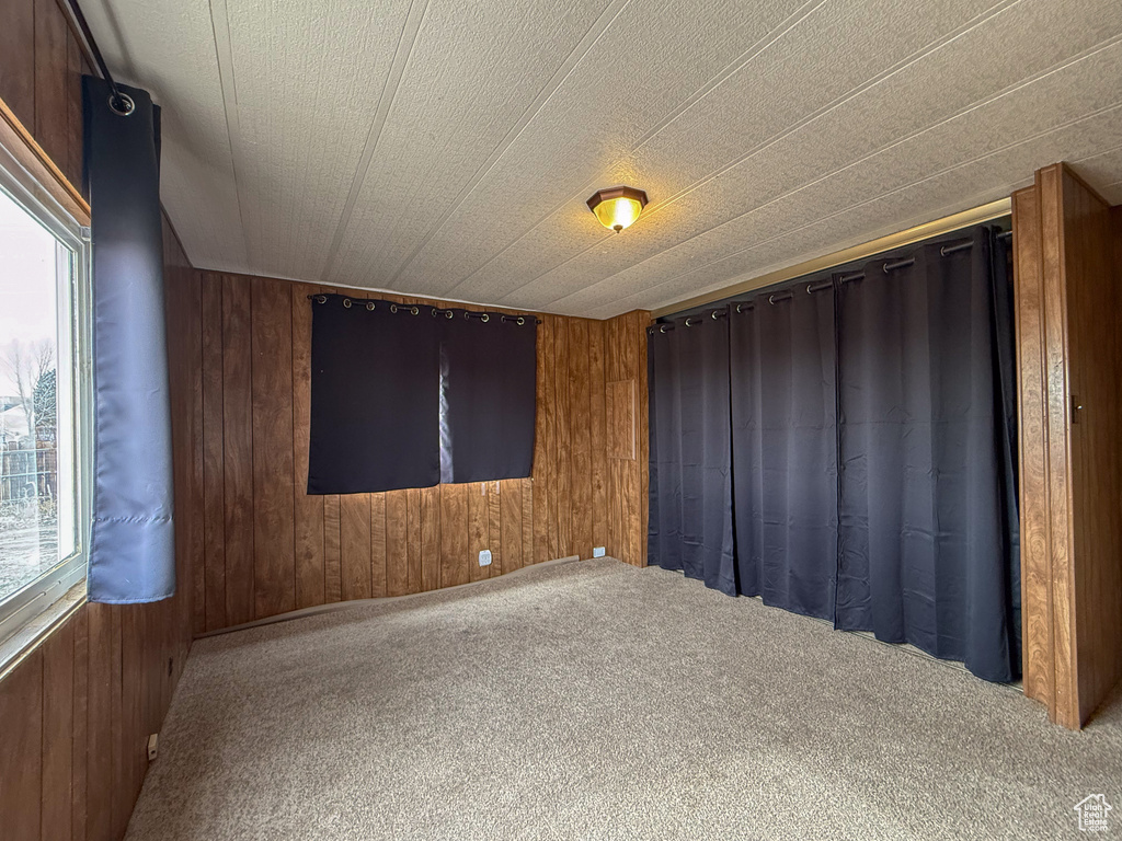 Spare room featuring carpet floors and wood walls