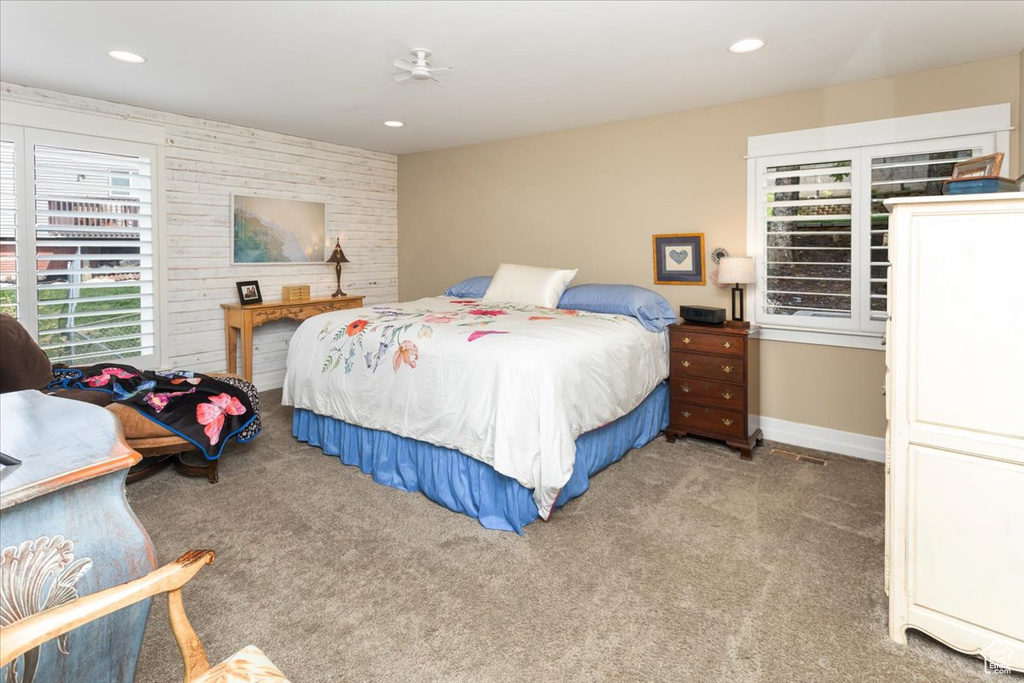 Bedroom with baseboards, carpet, and recessed lighting