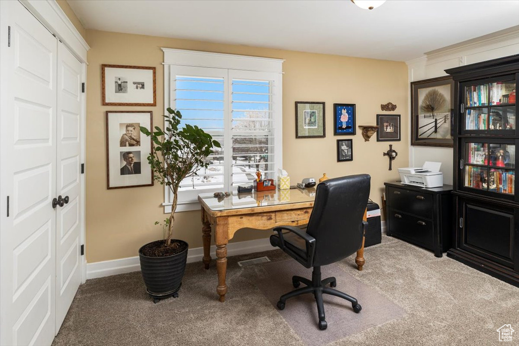 Home office with carpet flooring and baseboards