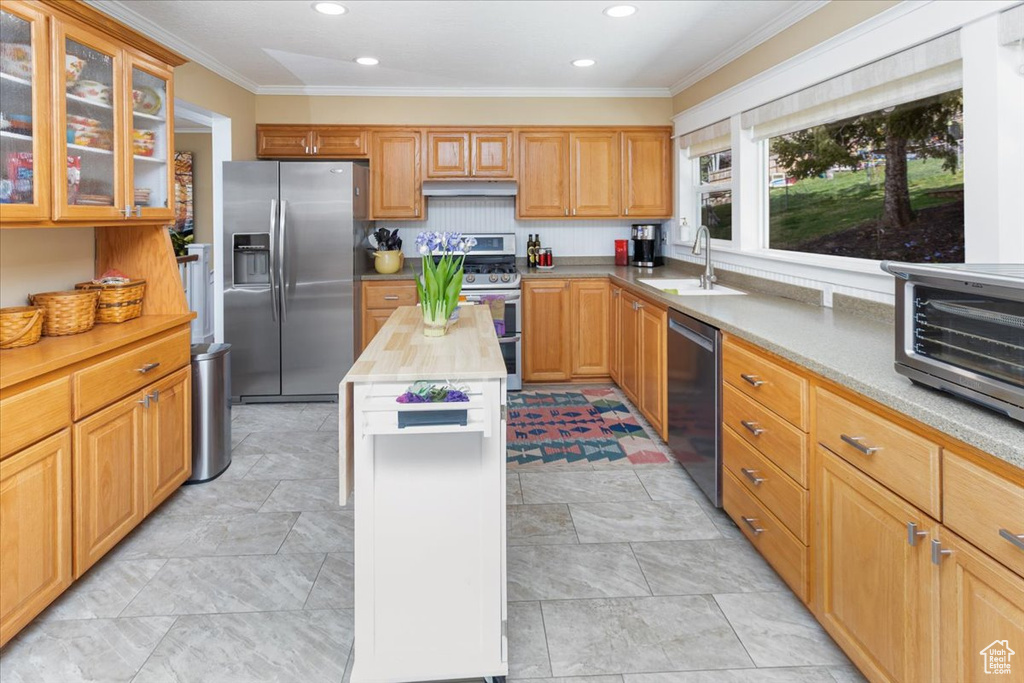 Kitchen featuring appliances with stainless steel finishes, recessed lighting, a sink, and under cabinet range hood