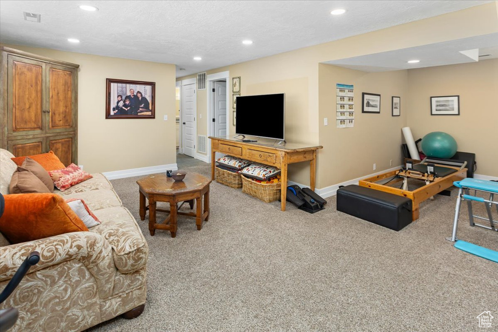 Carpeted living area with baseboards, visible vents, and recessed lighting