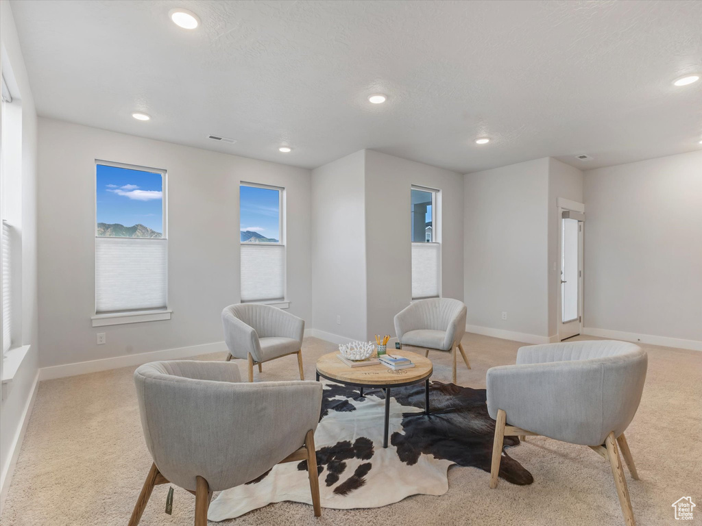 Living area featuring carpet flooring and recessed lighting
