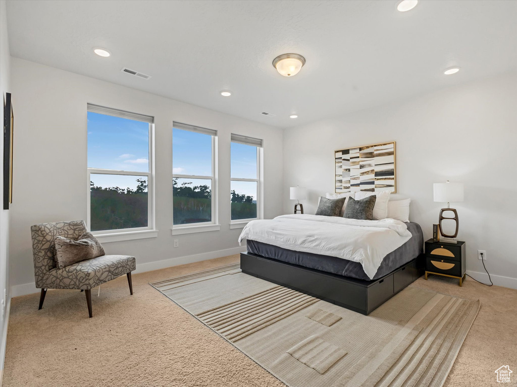 Bedroom with carpet floors and recessed lighting