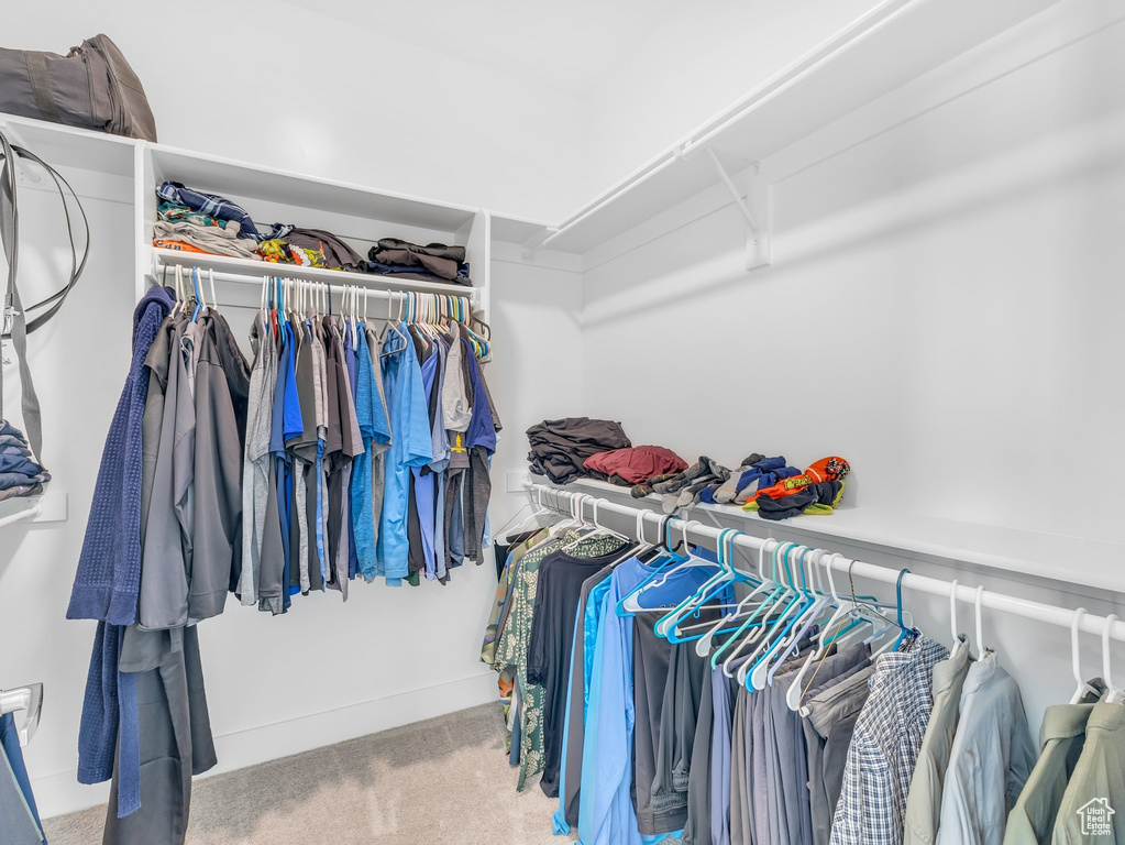 Walk in closet featuring light carpet