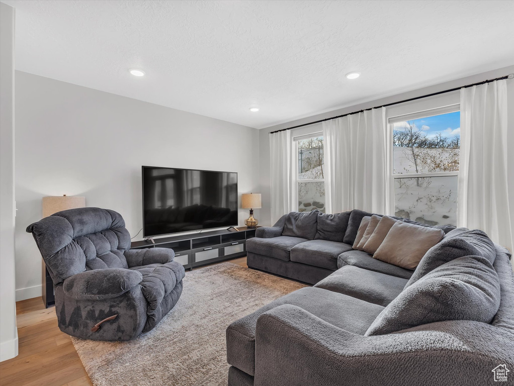 Living room with baseboards, wood finished floors, and recessed lighting