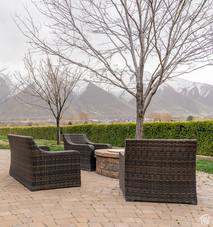 View of patio / terrace with a mountain view