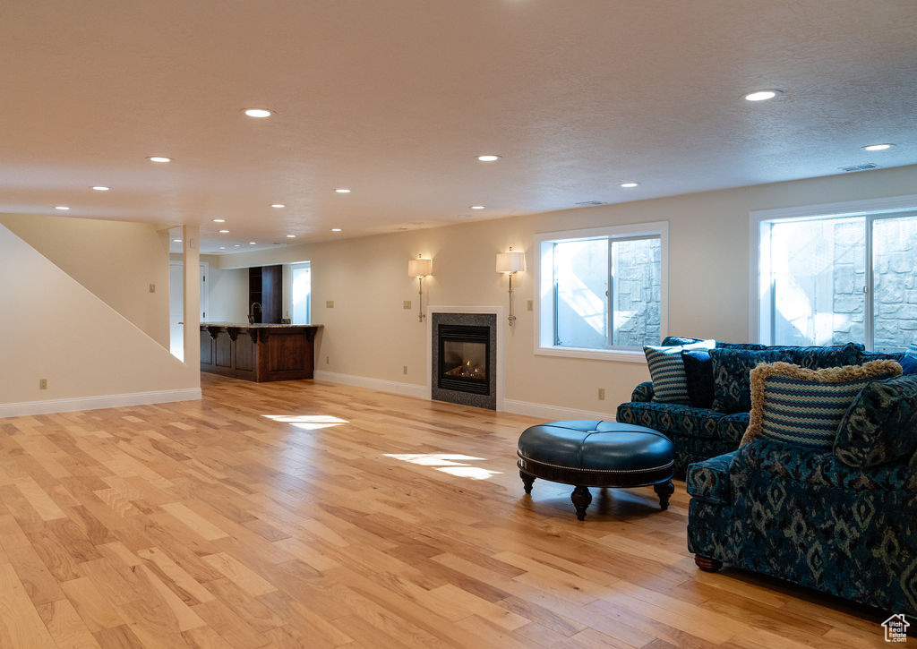 Living room featuring light hardwood / wood-style flooring and a premium fireplace