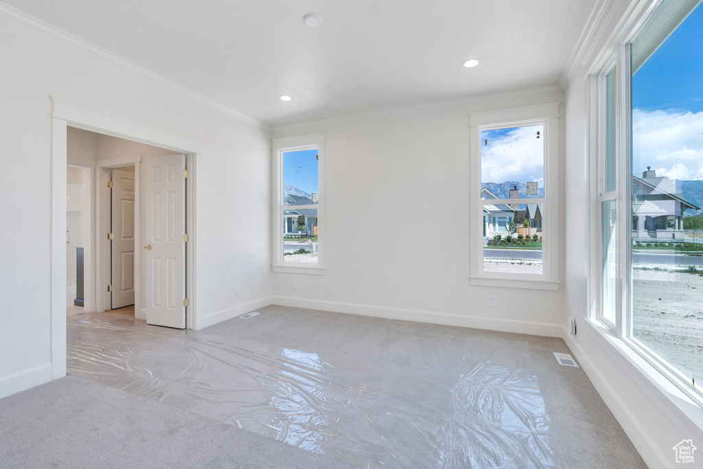 Spare room with crown molding, plenty of natural light, and recessed lighting