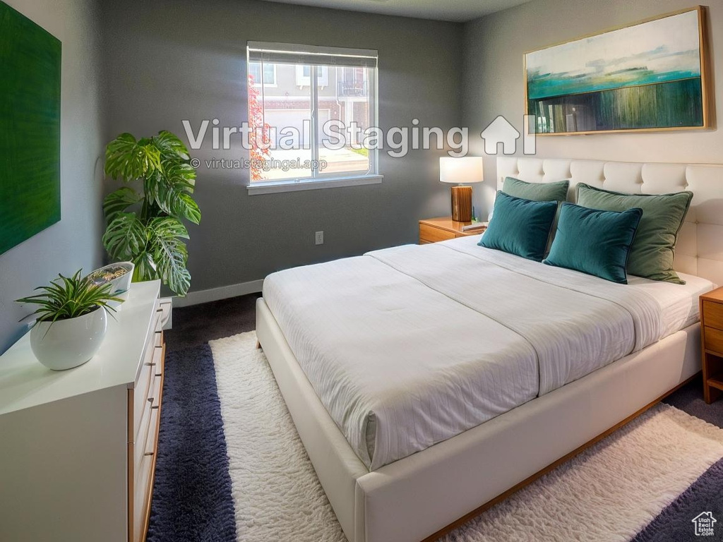 Bedroom with carpet flooring and baseboards