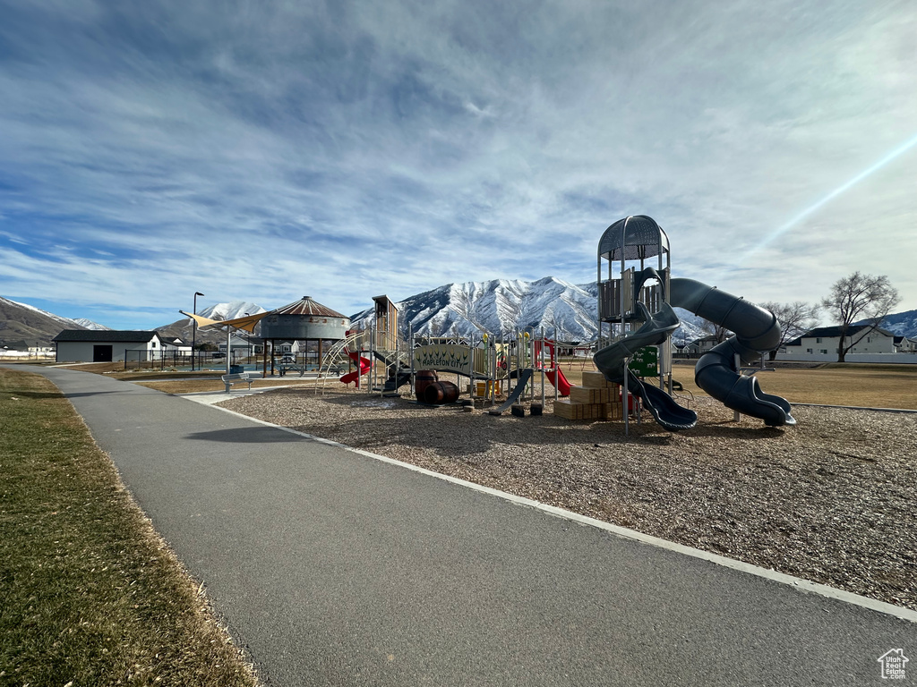Communal playground with a mountain view