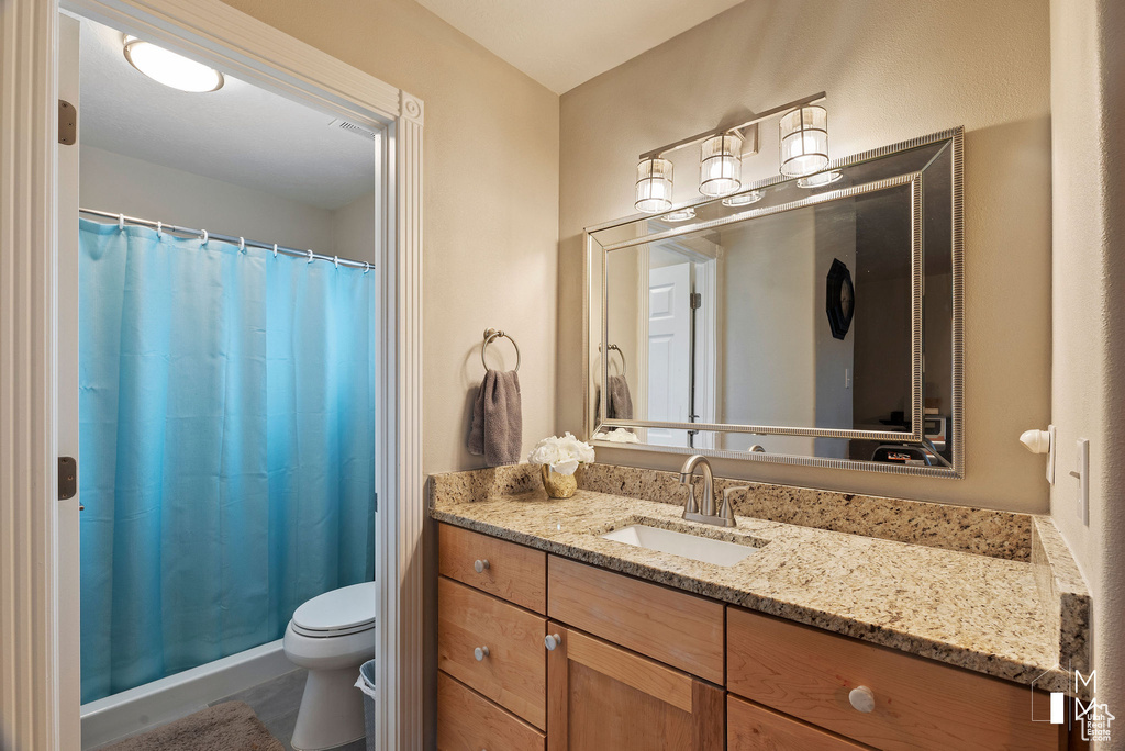 Full bathroom featuring toilet, a stall shower, and vanity