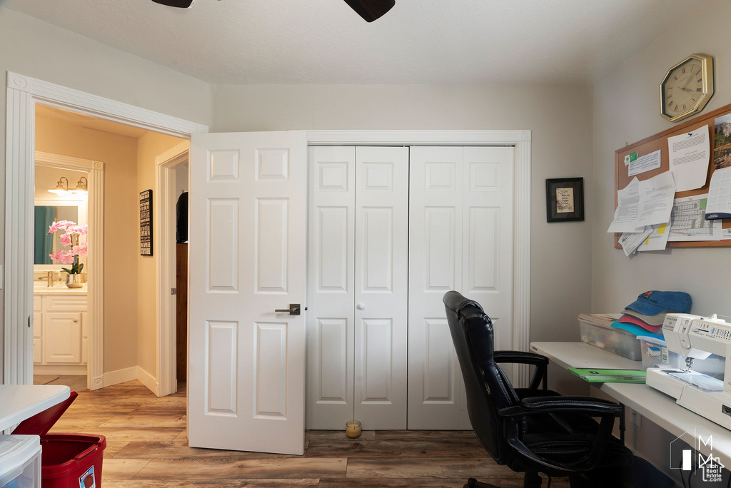 Home office with a sink and wood finished floors