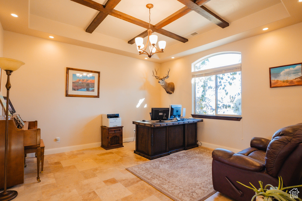 Office space featuring a notable chandelier, coffered ceiling, visible vents, baseboards, and beamed ceiling