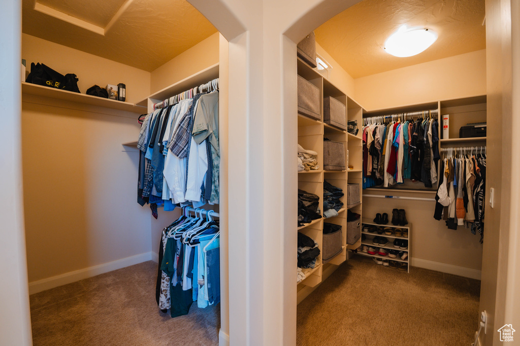 Spacious closet featuring carpet floors and arched walkways