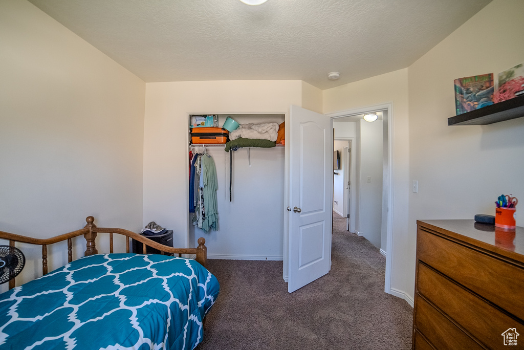 Bedroom featuring carpet, a closet, baseboards, and a textured ceiling