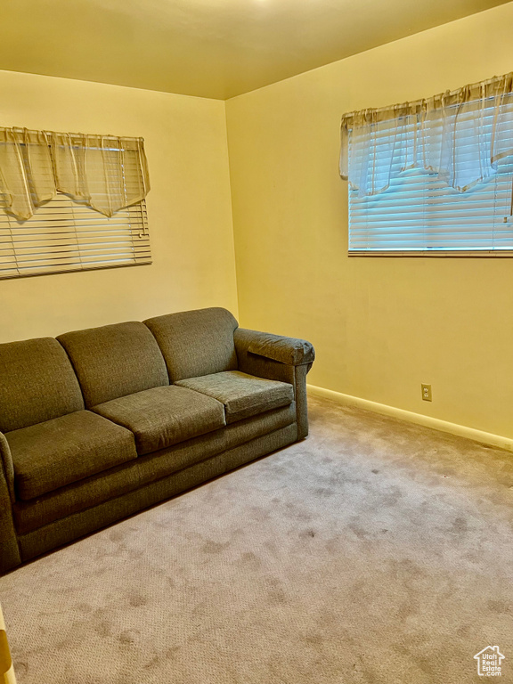 Living area featuring carpet flooring and baseboards