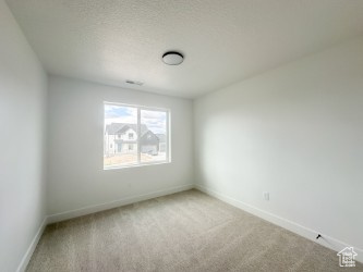 Carpeted spare room with baseboards and a textured ceiling