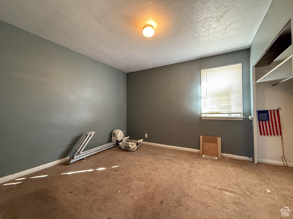 Carpeted spare room with a textured ceiling and baseboards