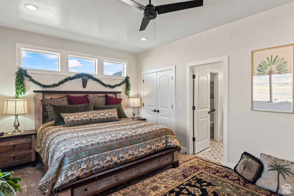 Bedroom with baseboards, ceiling fan, a closet, and recessed lighting