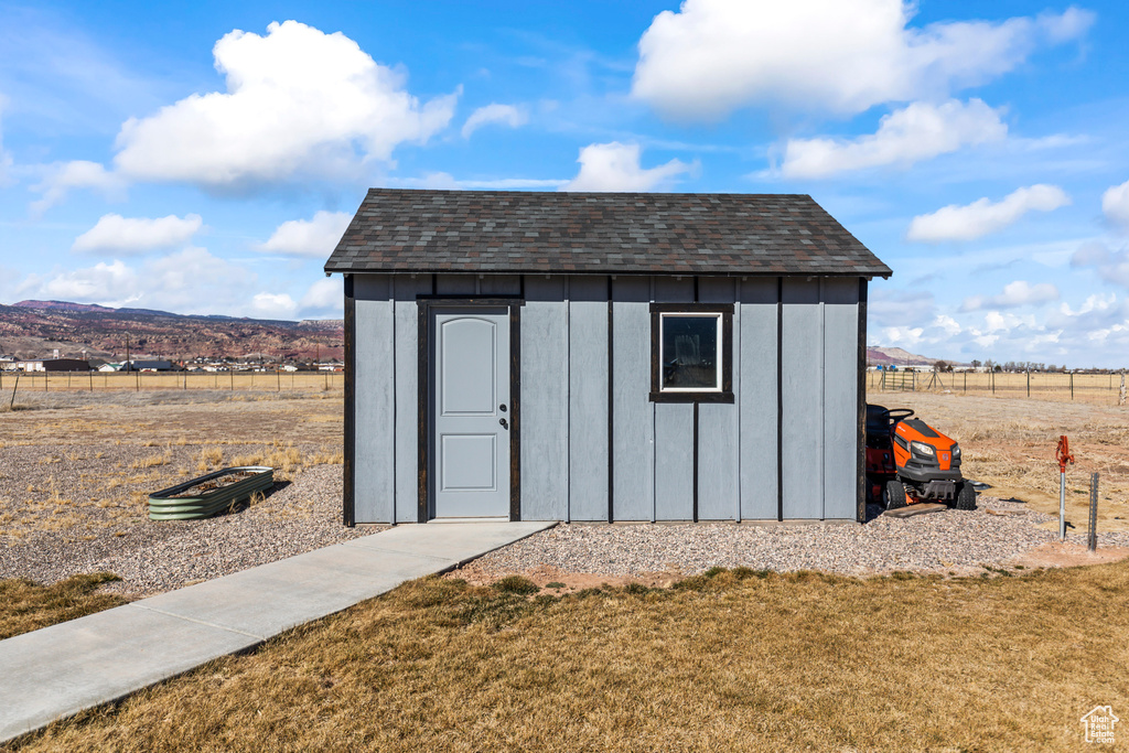 View of shed featuring a mountain view
