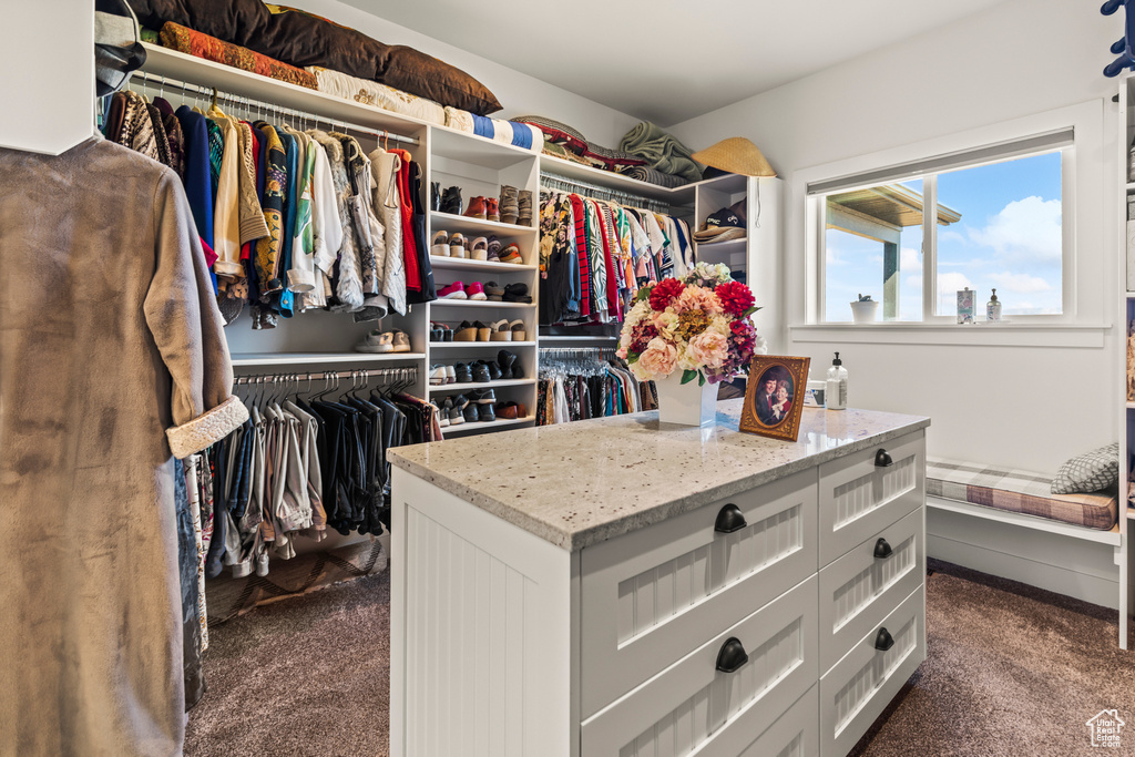 Spacious closet with dark carpet