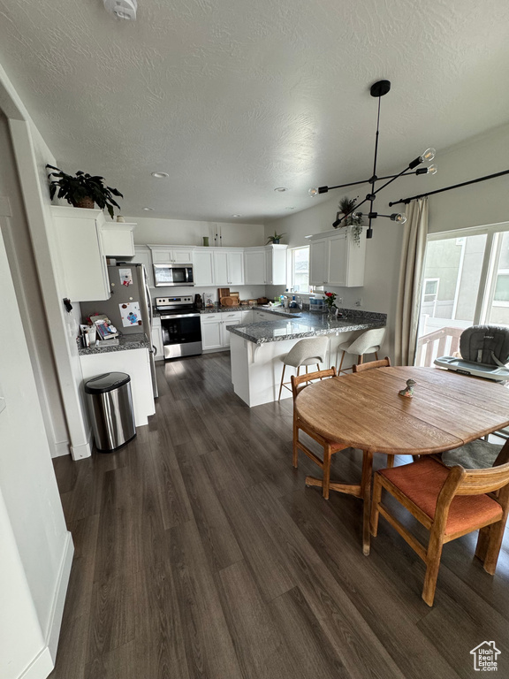 Dining room featuring dark wood finished floors and a textured ceiling