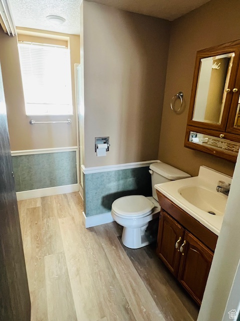 Bathroom with a textured ceiling, toilet, wood finished floors, vanity, and wainscoting