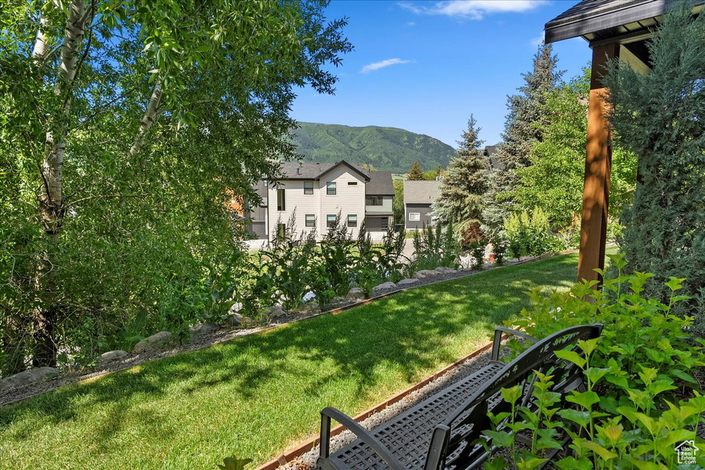View of grassy yard featuring a mountain view