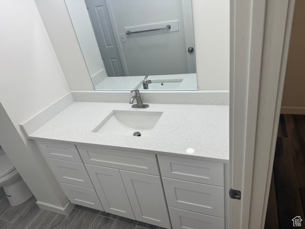 Bathroom featuring wood finish floors, vanity, and toilet