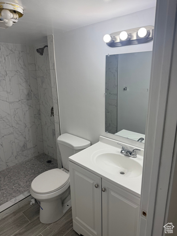 Bathroom featuring wood finish floors, toilet, a shower stall, and vanity