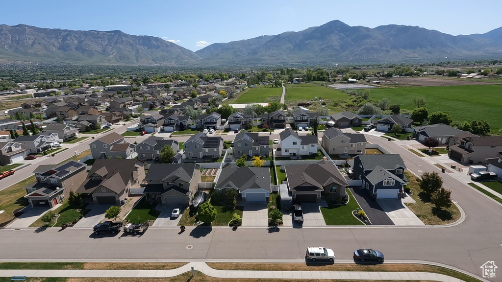Aerial perspective of suburban area with mountains