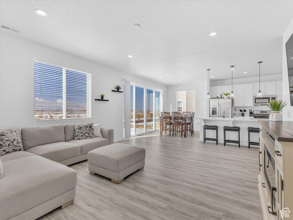 Living room featuring light wood finished floors, visible vents, and recessed lighting