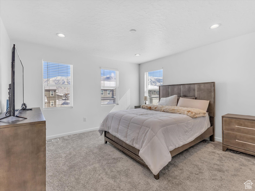 Bedroom with baseboards, a textured ceiling, recessed lighting, and light colored carpet