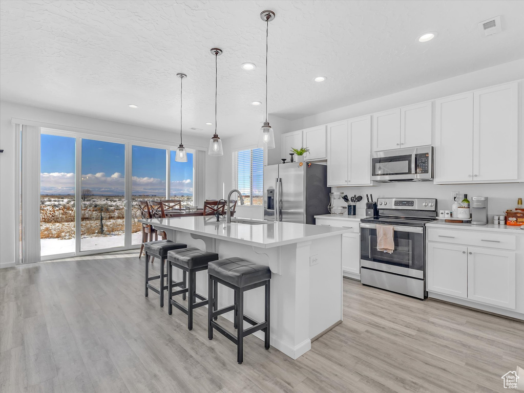 Kitchen with hanging light fixtures, appliances with stainless steel finishes, light countertops, and white cabinets