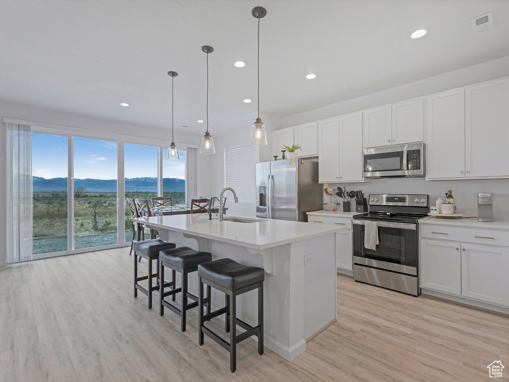Kitchen featuring a mountain view, a sink, appliances with stainless steel finishes, light wood-style flooring, and a breakfast bar area
