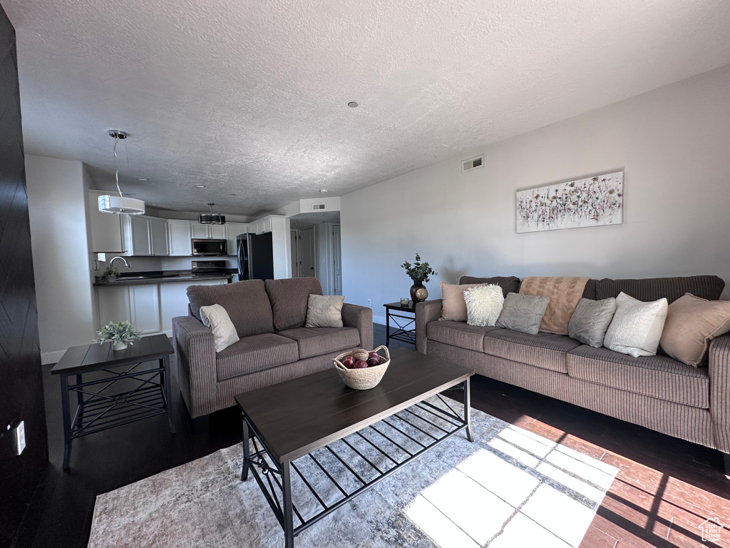 Living room with a textured ceiling