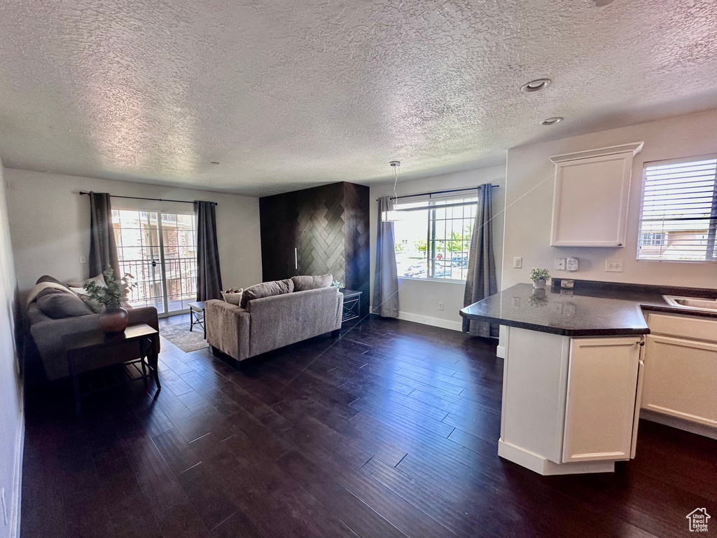 Living room with a textured ceiling and dark wood-type flooring
