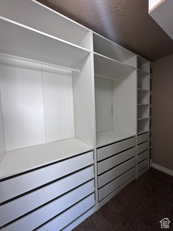 Walk in closet featuring dark carpet