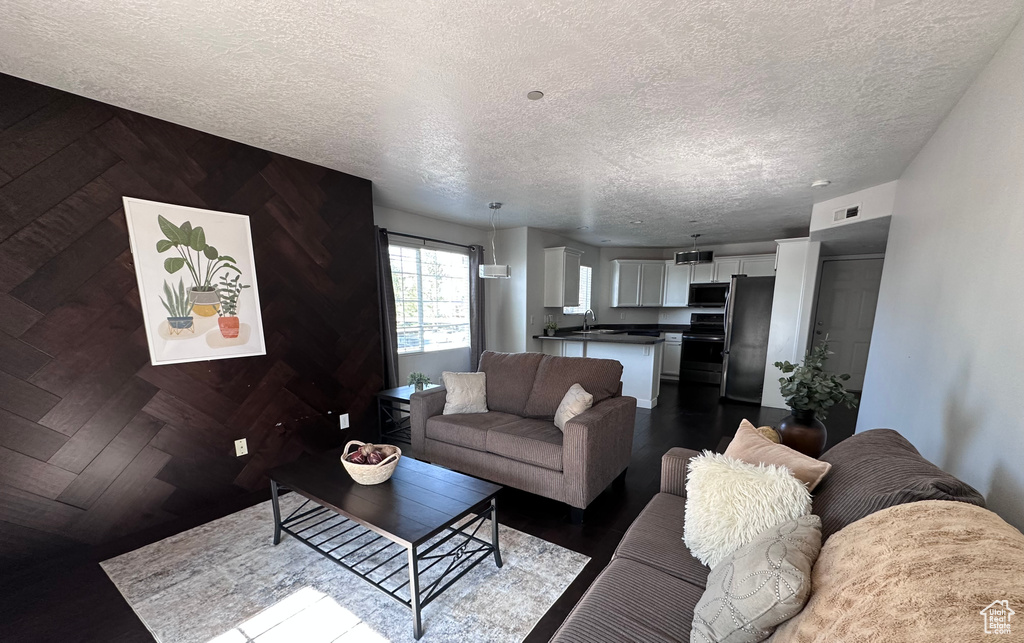 Living room featuring a textured ceiling and dark wood-type flooring