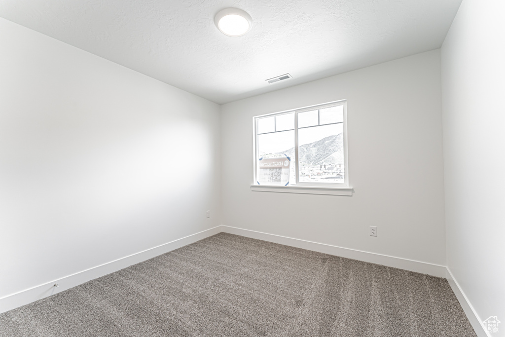 Empty room with carpet, baseboards, and a textured ceiling