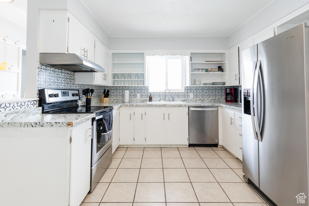 Kitchen with under cabinet range hood, stainless steel appliances, a sink, white cabinets, and open shelves