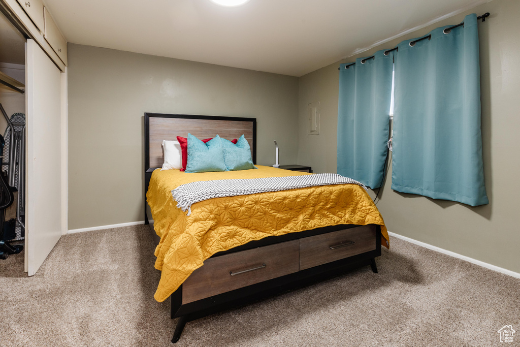 Carpeted bedroom with a closet and baseboards