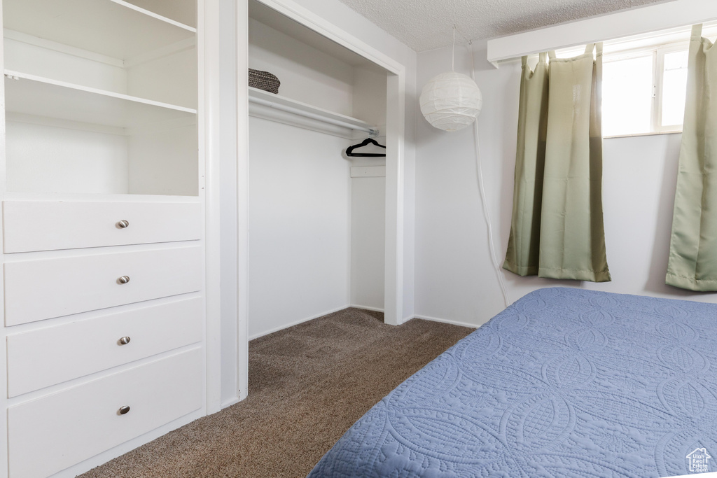 Bedroom with a closet, a textured ceiling, and carpet flooring