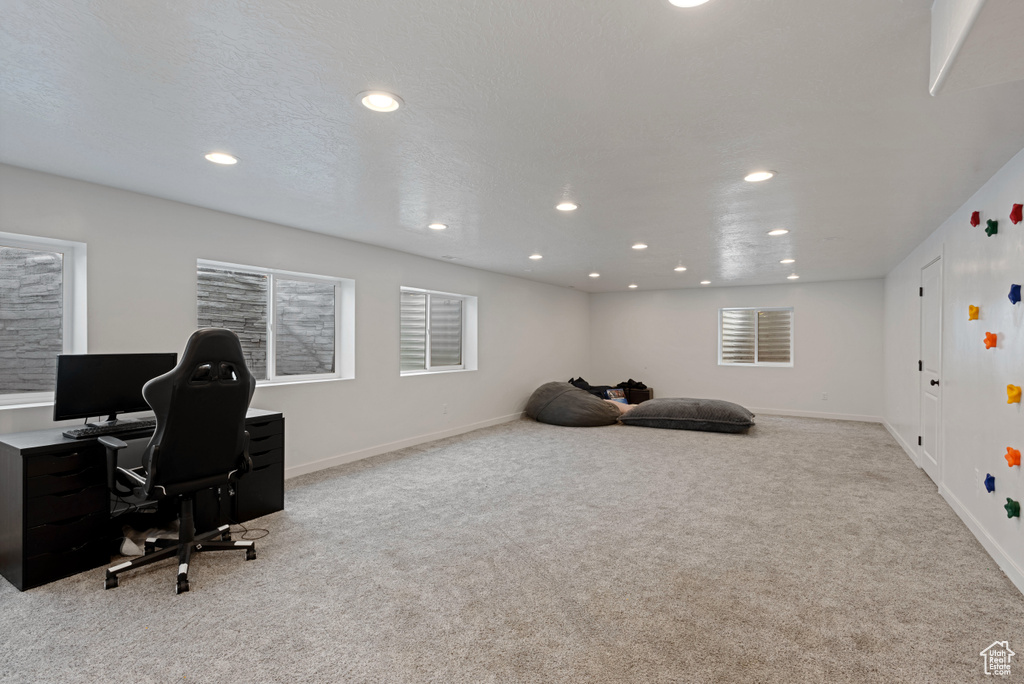 Office space with recessed lighting, light colored carpet, a textured ceiling, and baseboards