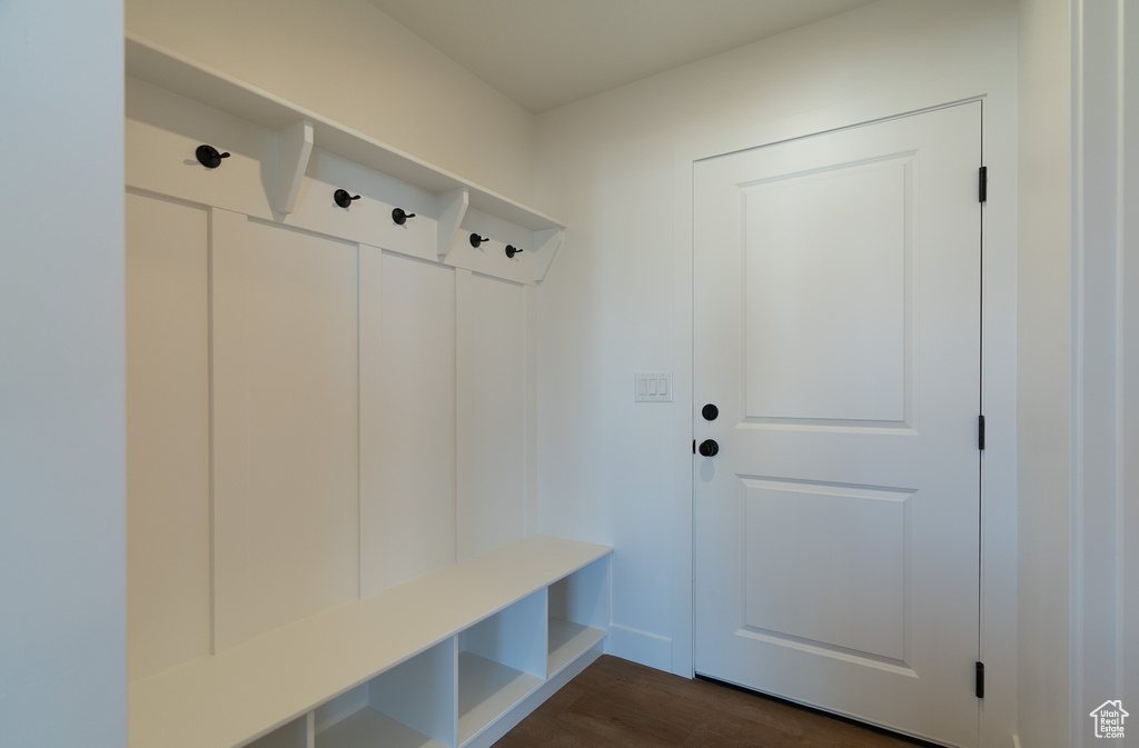 Mudroom with dark wood-type flooring
