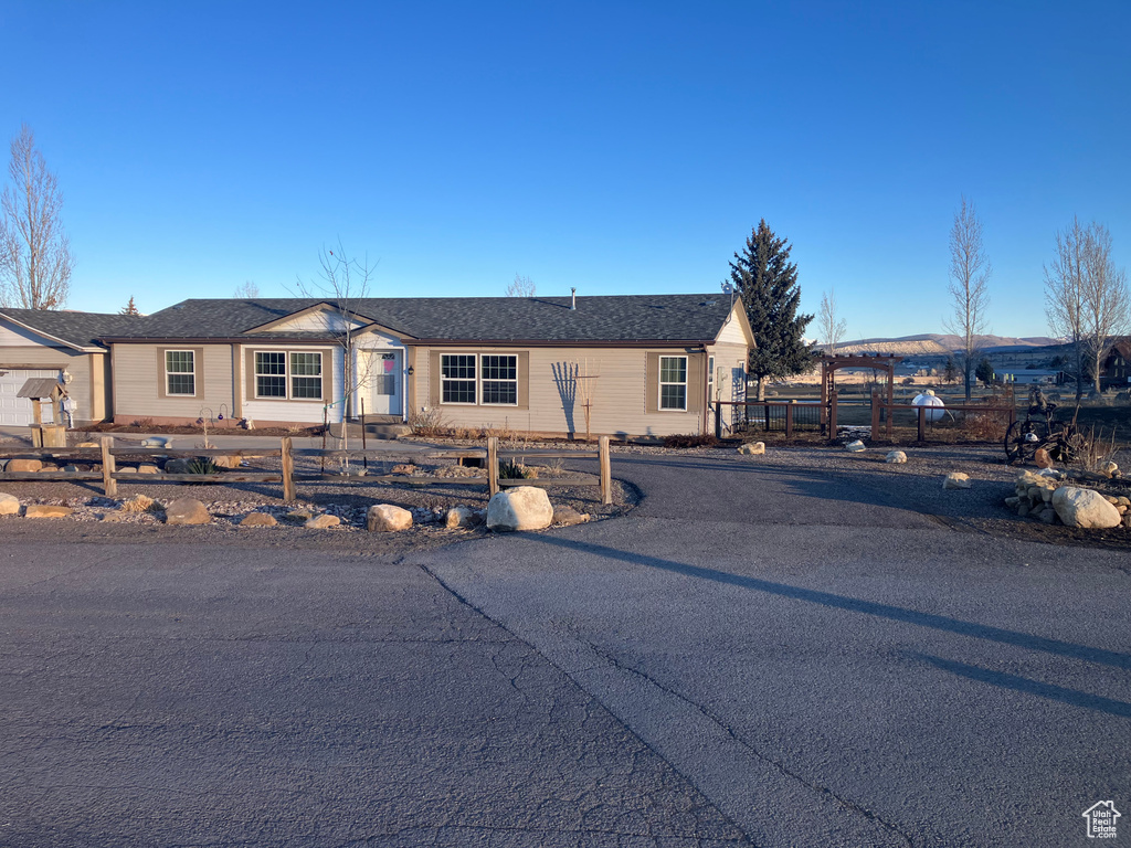 Single story home featuring a fenced front yard