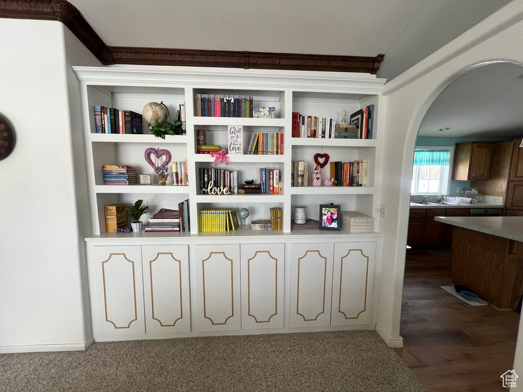 Interior details featuring arched walkways and a sink