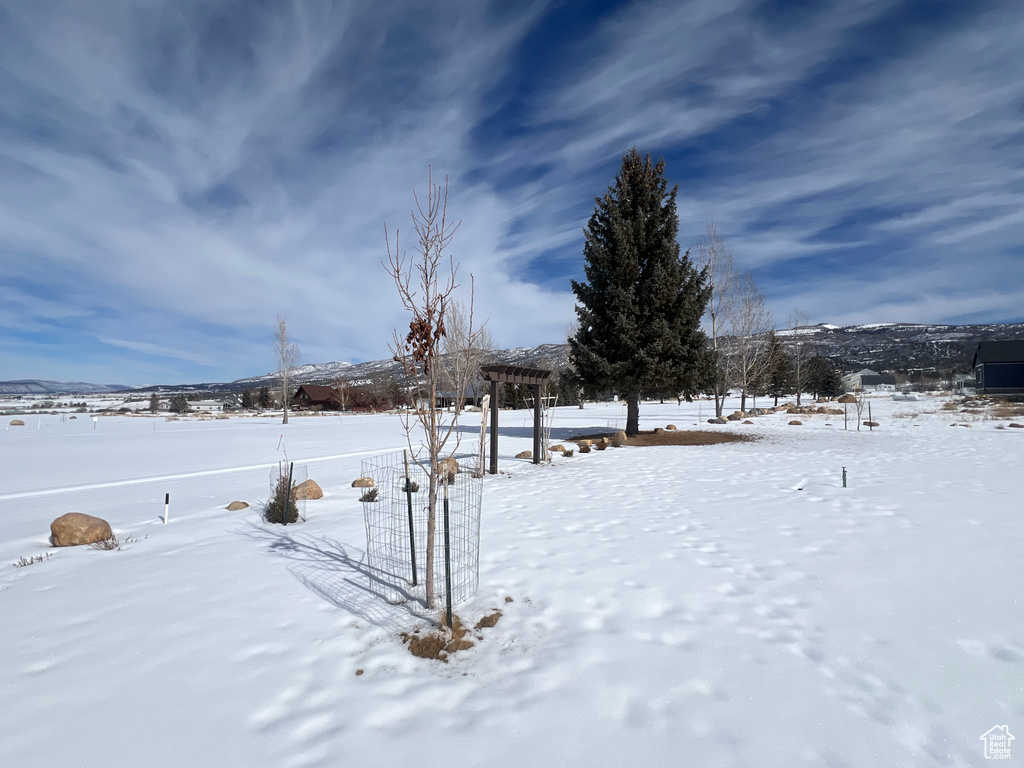 Yard layered in snow featuring a pergola