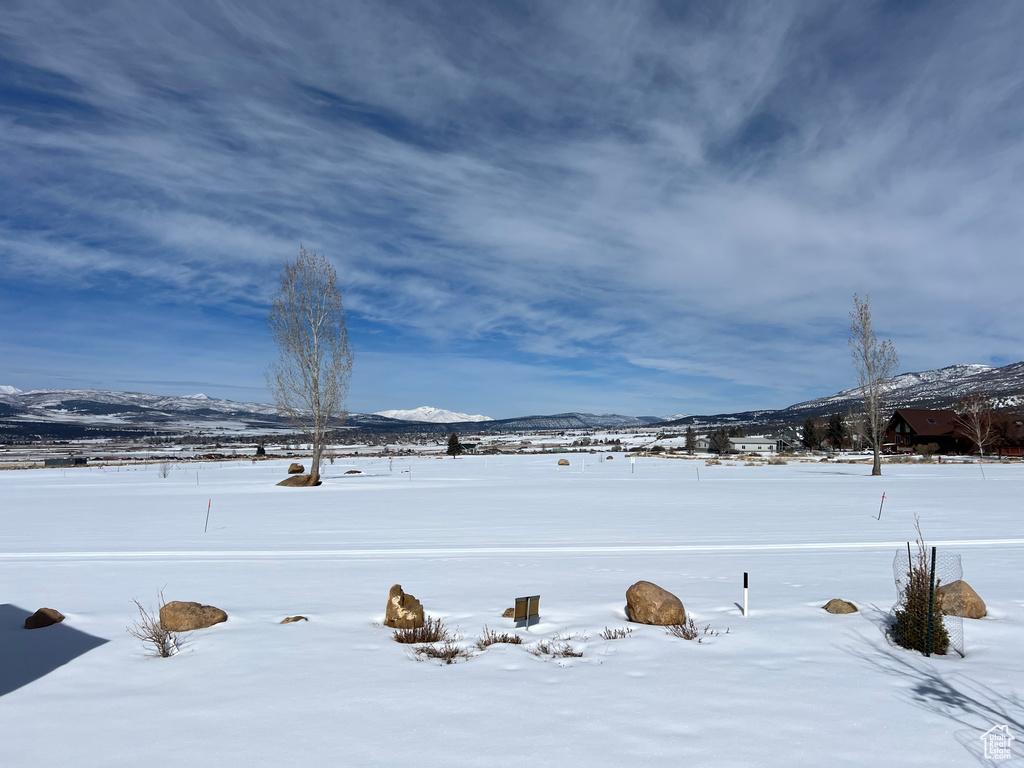 Yard layered in snow featuring a mountain view